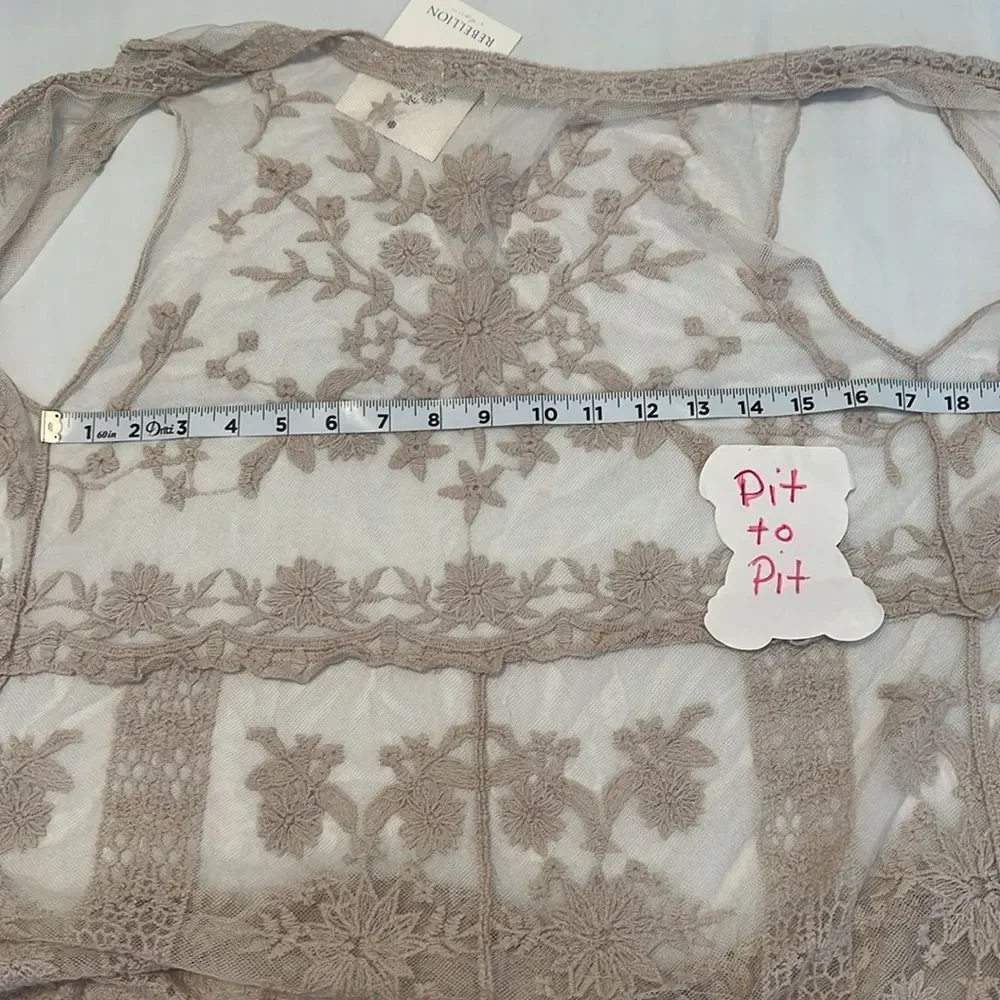 NWT Rebellion szS “oatmeal” color long lace embroidered vest cover up kimono - Picture 8 of 15